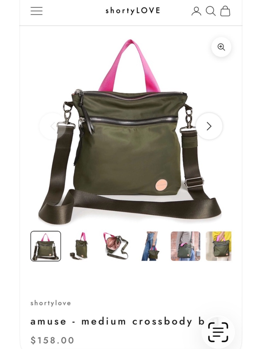 ShortyLove medium crossbody in olive nylon with pink accents - Picture 8 of 8